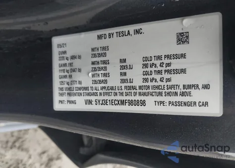 2021 Tesla Model 3 Performance Dual Motor All-Wheel Drive from USA, damaged, VIN 5YJ3E1ECXMF980898